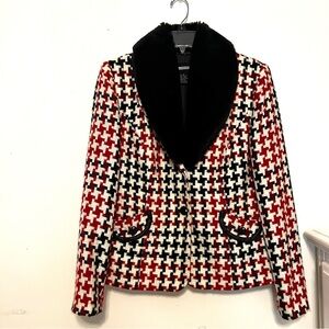 Houndstooth Blazer with Black Faux Fur Removable Collar Women’s Vintage Size 10